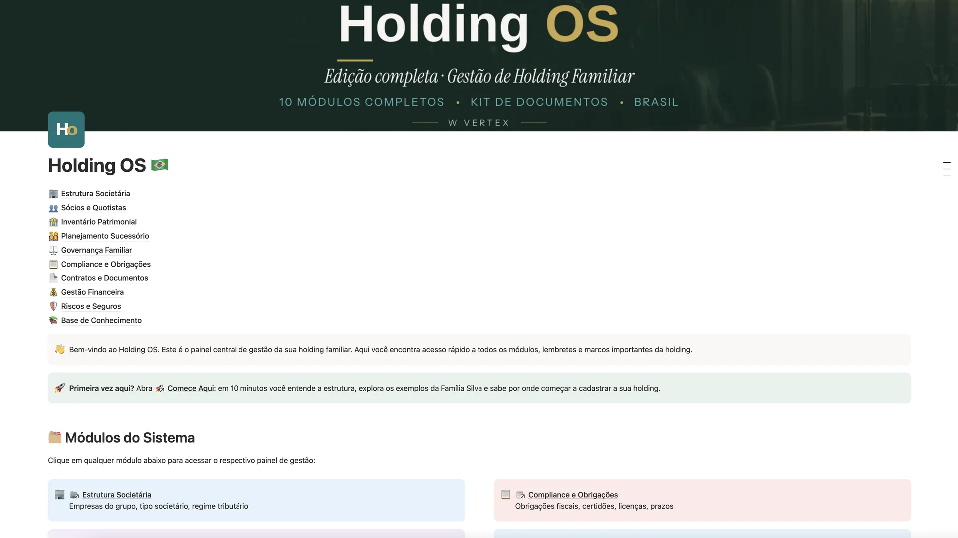 Painel do Holding OS no Notion, com os dez módulos e o aviso Comece Aqui