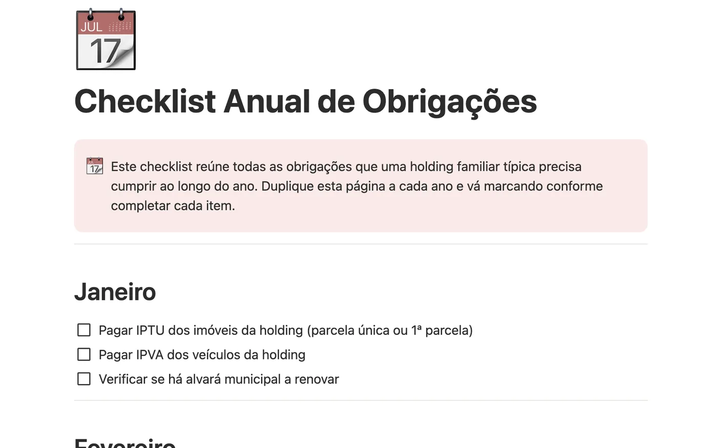 Checklist Anual de Obrigações, organizado mês a mês