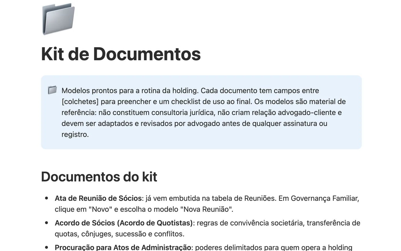 Página Kit de Documentos, com os cinco modelos listados