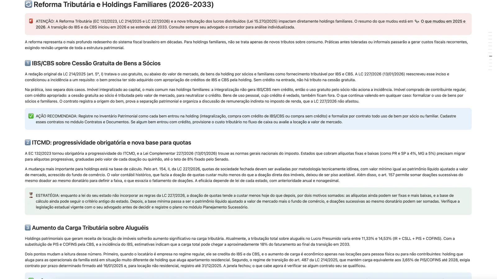 Página Reforma Tributária e Holdings Familiares no Holding OS, com os itens IBS/CBS sobre cessão gratuita, ITCMD e aluguéis.